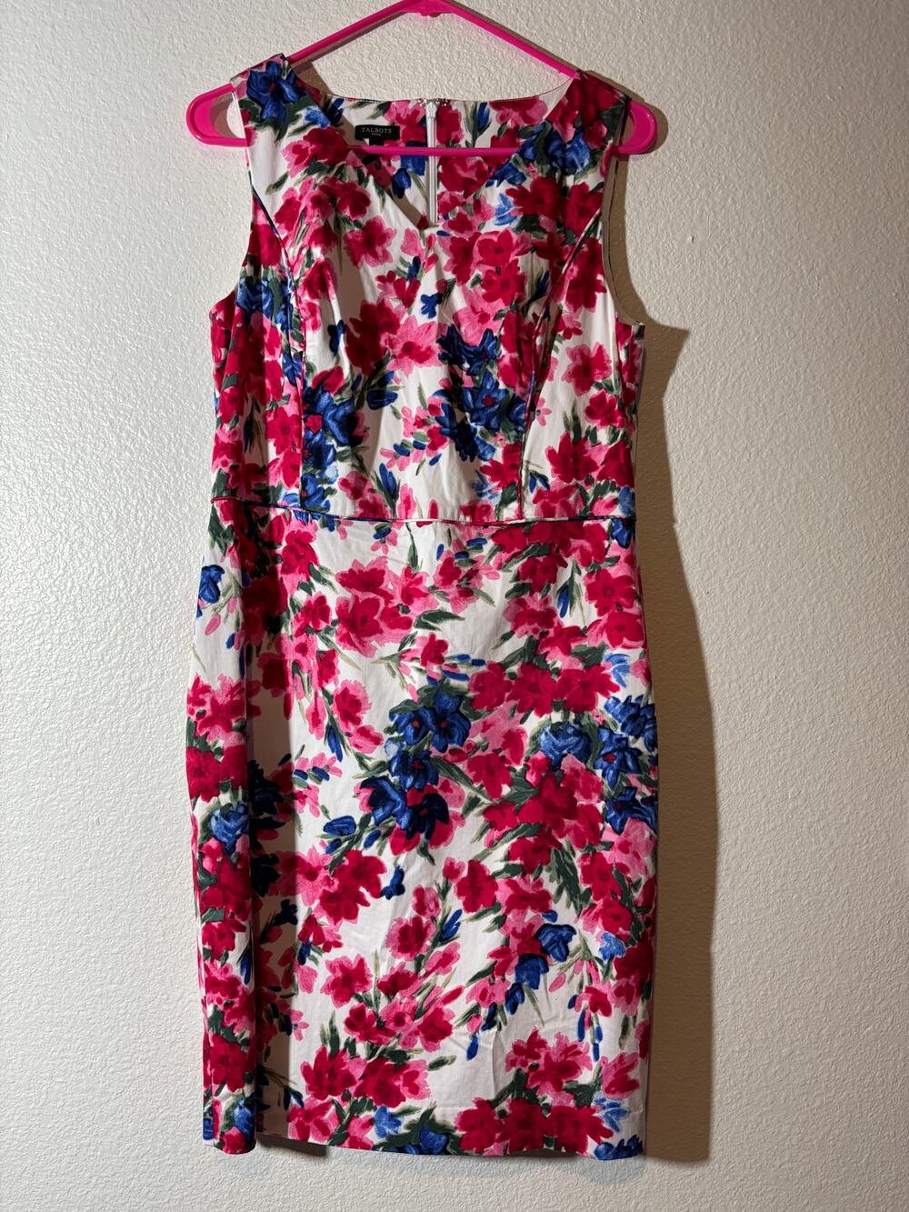 Talbots Size 10 Petite Floral Sleeveless Sheath V-Neck Dress Pink Blue Red